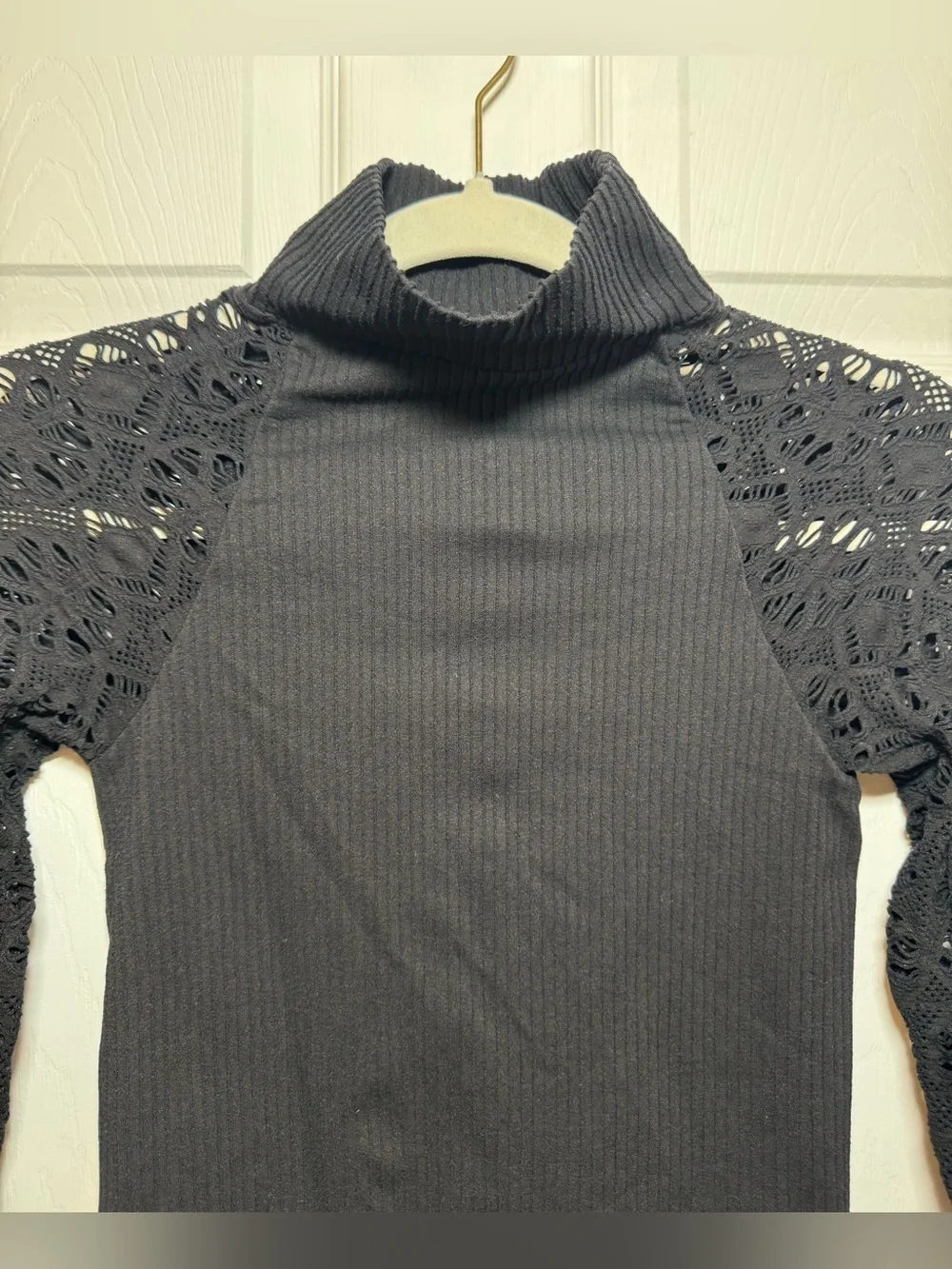 Intimately Free People Black Ribbed Fitted turtleneck Top Long Lace Sleeves
